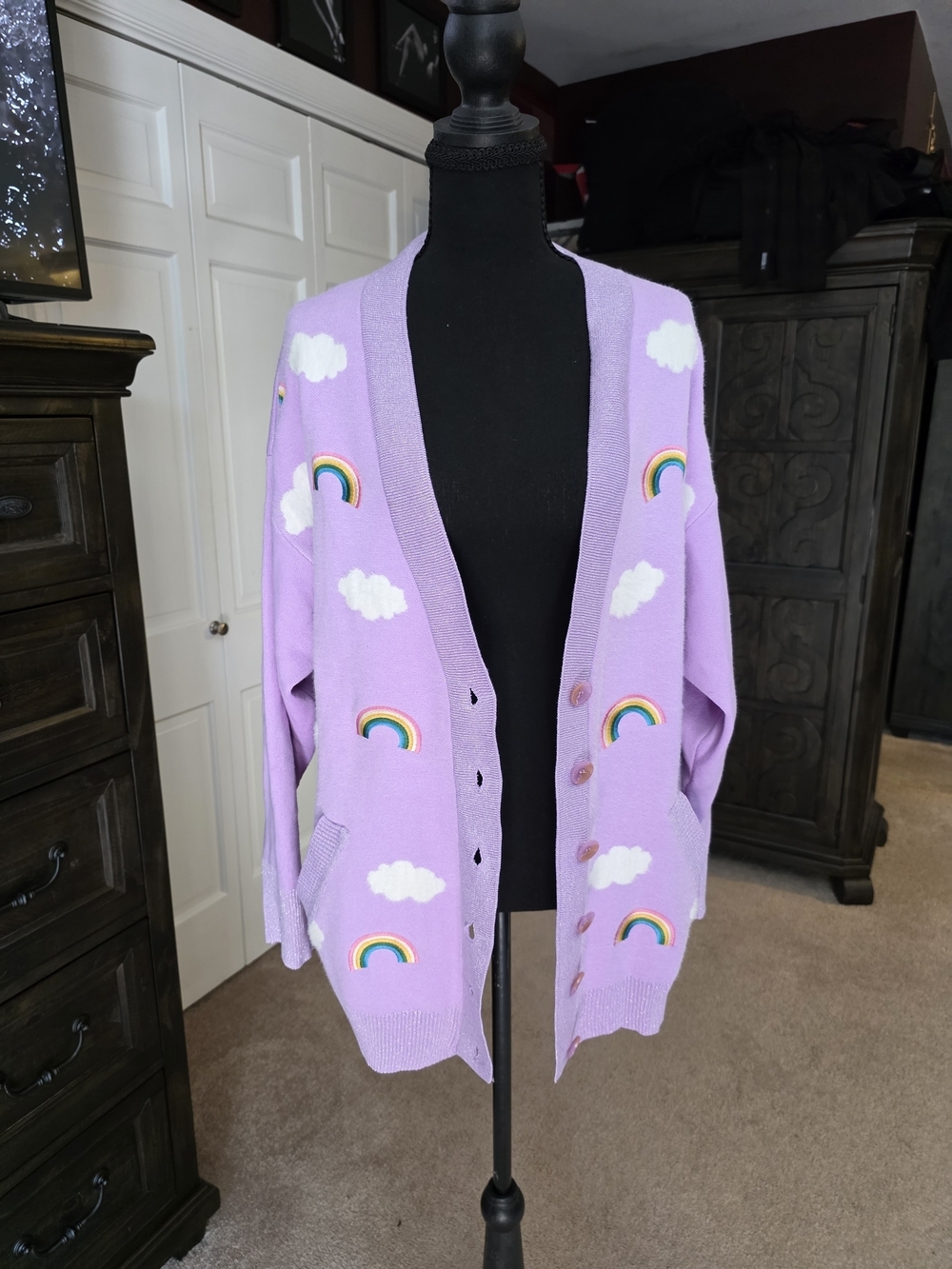 Unique Vintage Iris Rainbow & Cloud Cardigan Sweater XS Lavender NWT Kawaii